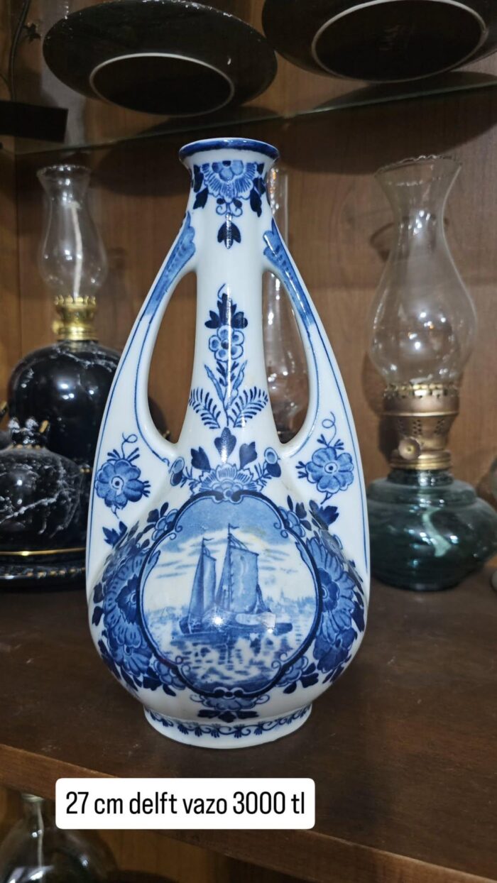 Delft Hollanda Blue Blanc 27 cm çift kulp büyük vazo - Image 1